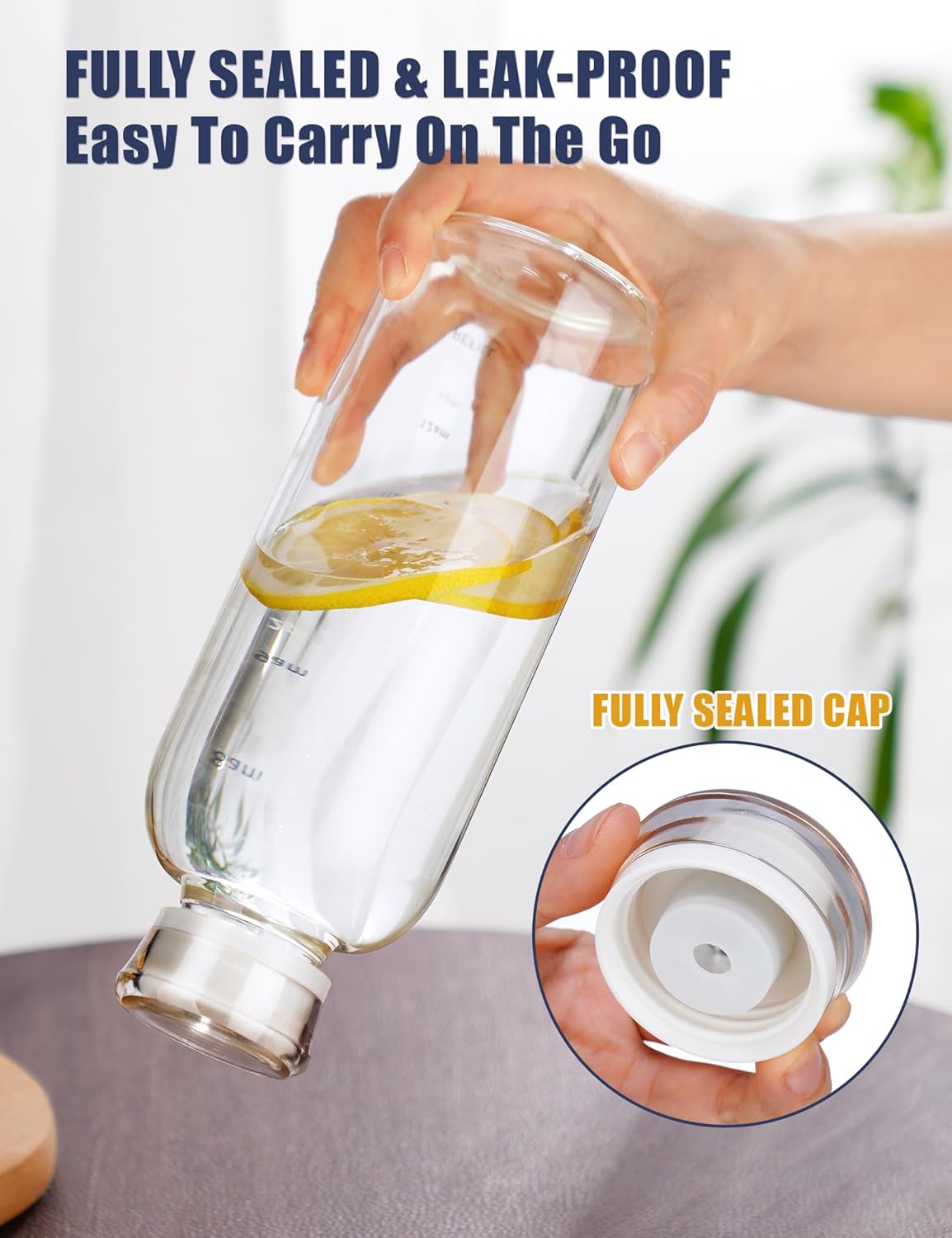 350/750ml Transparent glass bottle time scale with 2 lid + straw, leak proof