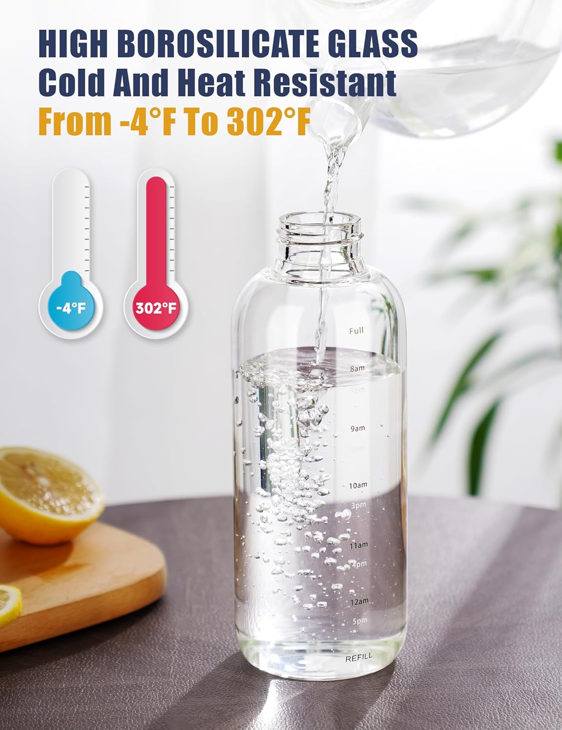 350/750ml Transparent glass bottle time scale with 2 lid + straw, leak proof