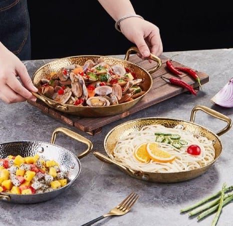 Stainless Steel Gold Paella Hand Nonstick Hammered Spanish Cooking Pan with Dual Handle Gold