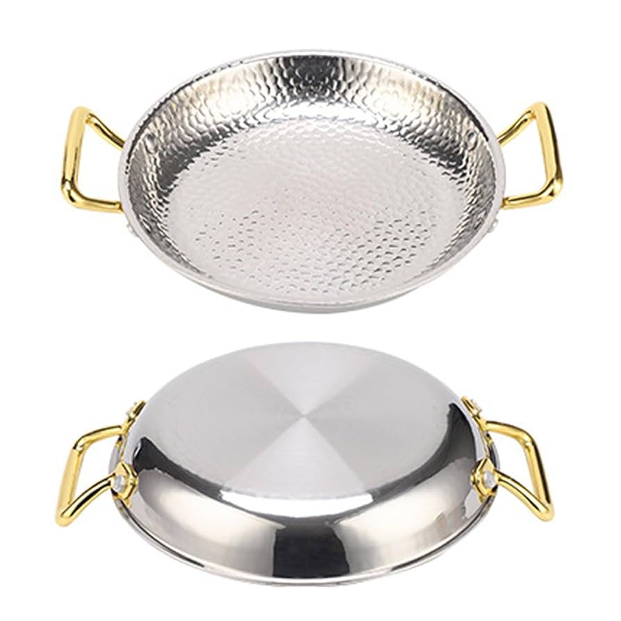 Stainless Steel Uncoated Non-stick Frying Pan, Hammered Pattern Spanish Wok Paella Pan with Double Handles