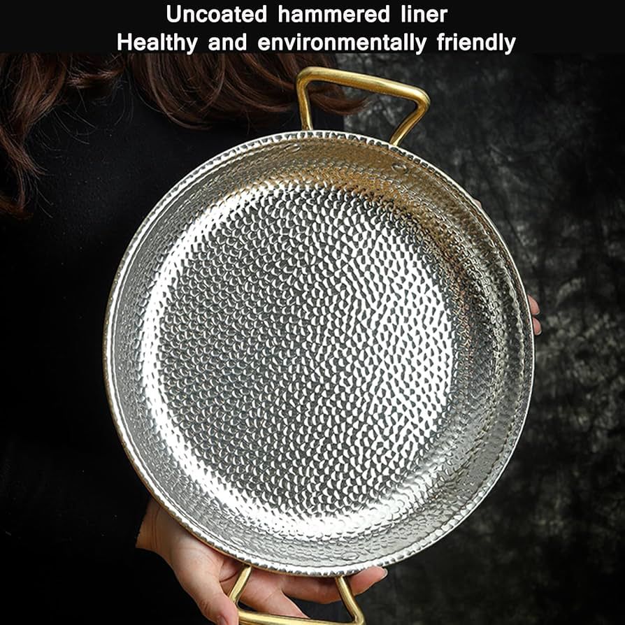 Stainless Steel Uncoated Non-stick Frying Pan, Hammered Pattern Spanish Wok Paella Pan with Double Handles