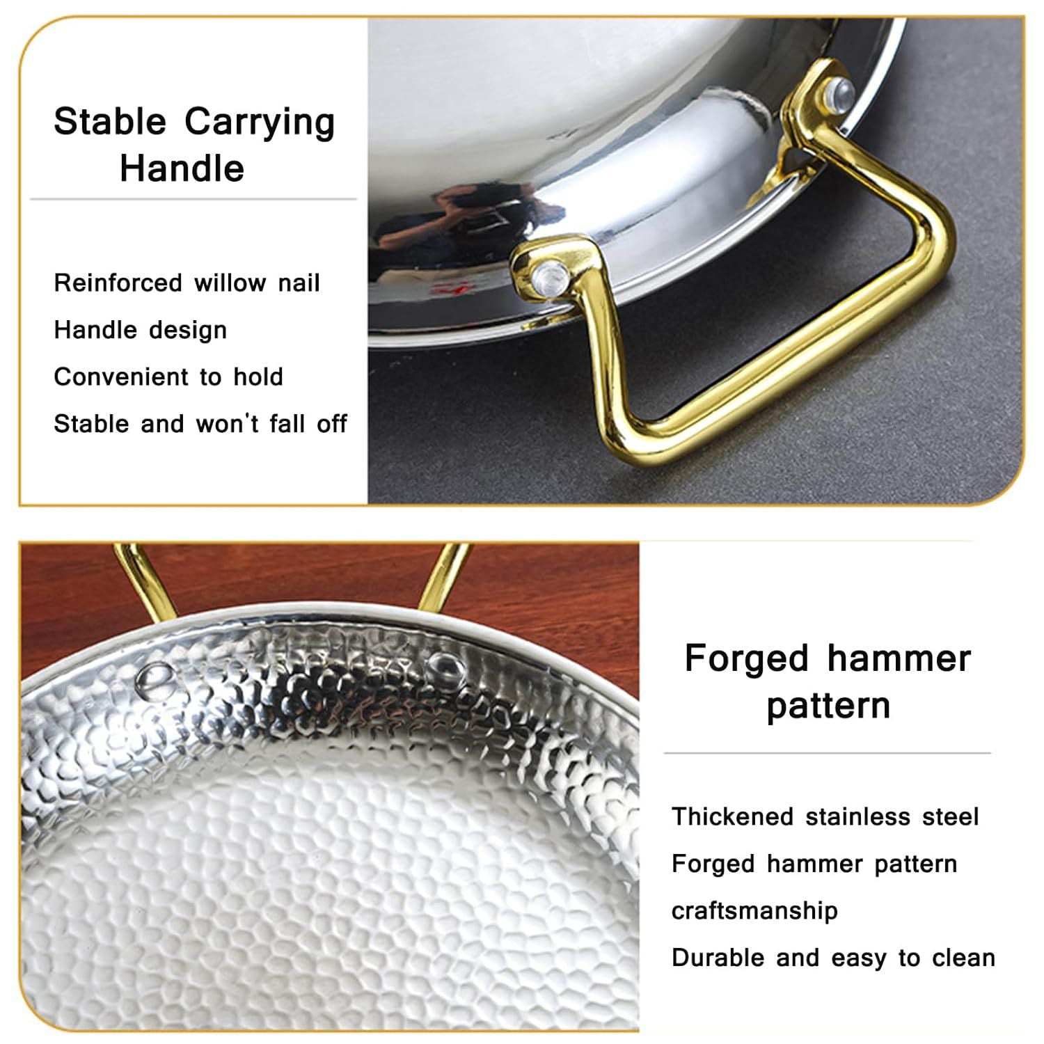 Stainless Steel Uncoated Non-stick Frying Pan, Hammered Pattern Spanish Wok Paella Pan with Double Handles