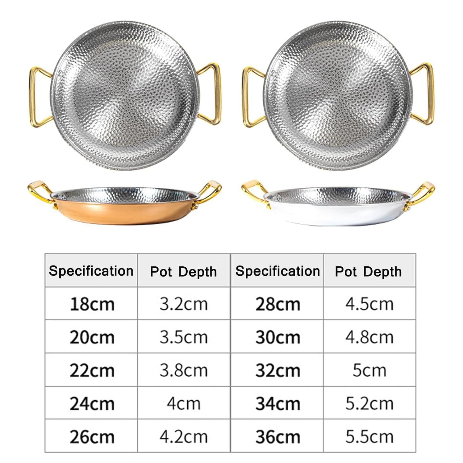 Stainless Steel Uncoated Non-stick Frying Pan, Hammered Pattern Spanish Wok Paella Pan with Double Handles