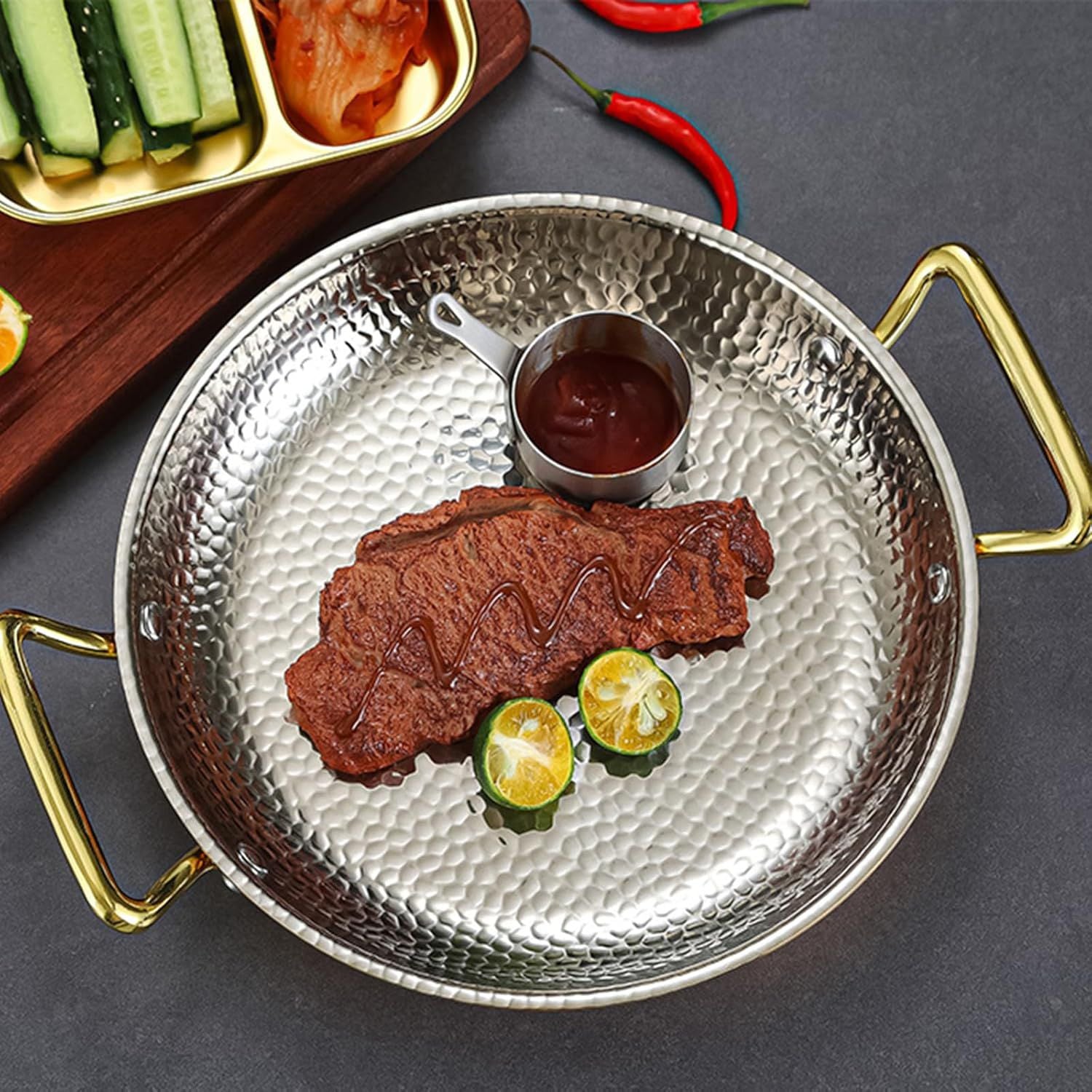 Stainless Steel Uncoated Non-stick Frying Pan, Hammered Pattern Spanish Wok Paella Pan with Double Handles