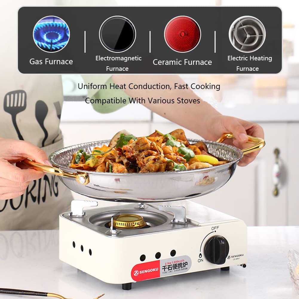 Stainless Steel Uncoated Non-stick Frying Pan, Hammered Pattern Spanish Wok Paella Pan with Double Handles