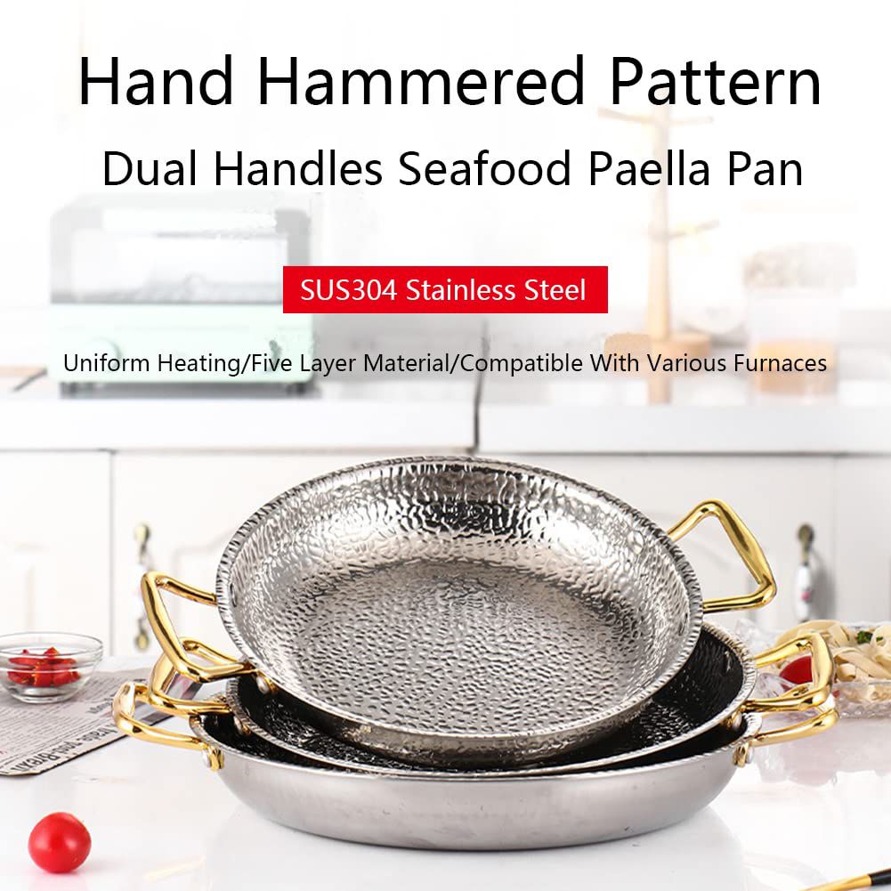 Stainless Steel Uncoated Non-stick Frying Pan, Hammered Pattern Spanish Wok Paella Pan with Double Handles