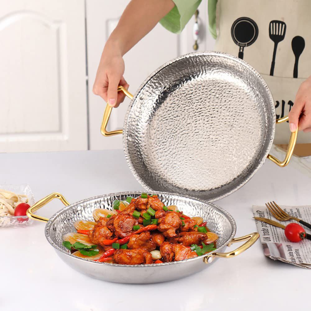 Stainless Steel Uncoated Non-stick Frying Pan, Hammered Pattern Spanish Wok Paella Pan with Double Handles