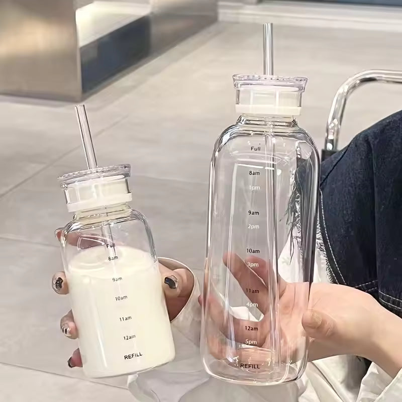 350/750ml Transparent glass bottle time scale with 2 lid + straw, leak proof