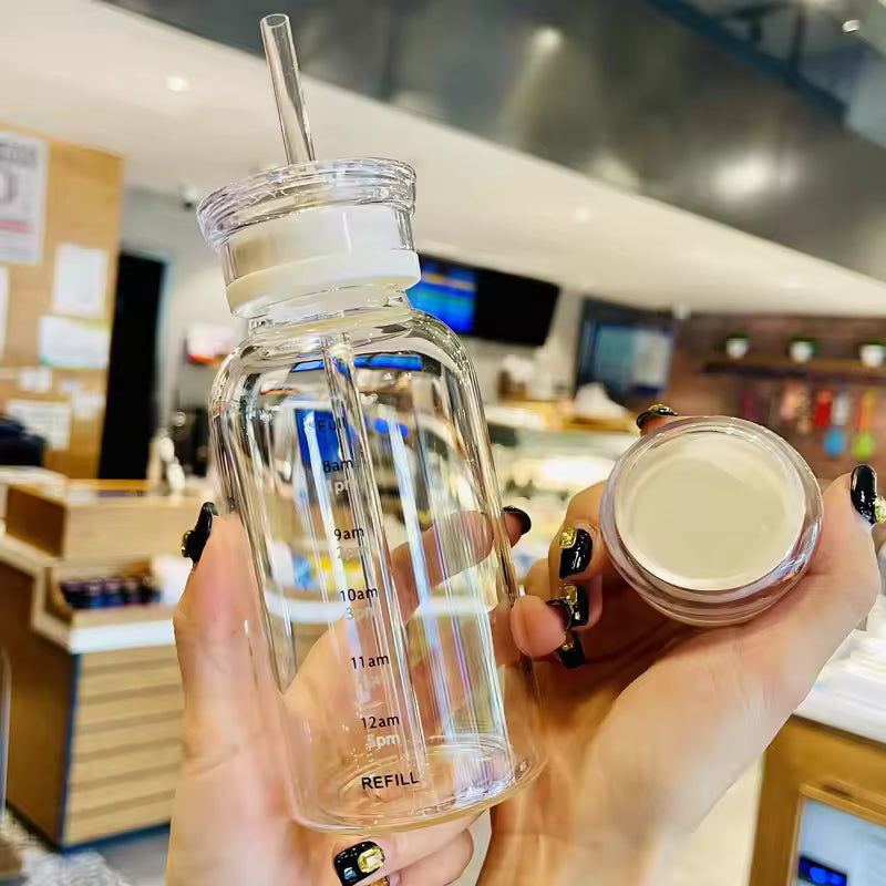 350/750ml Transparent glass bottle time scale with 2 lid + straw, leak proof