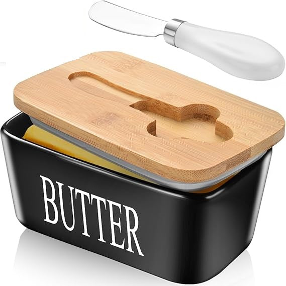 Porcelain Butter Dish with Knife, Large Ceramic Butter Container with Wooden Lid