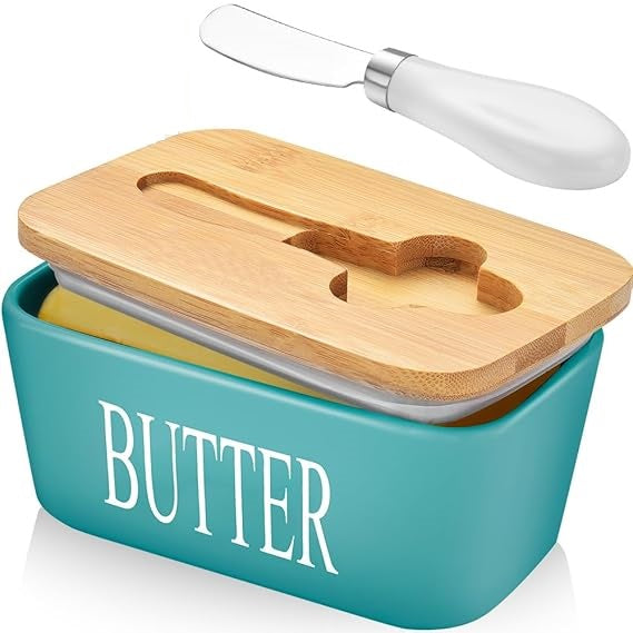 Porcelain Butter Dish with Knife, Large Ceramic Butter Container with Wooden Lid