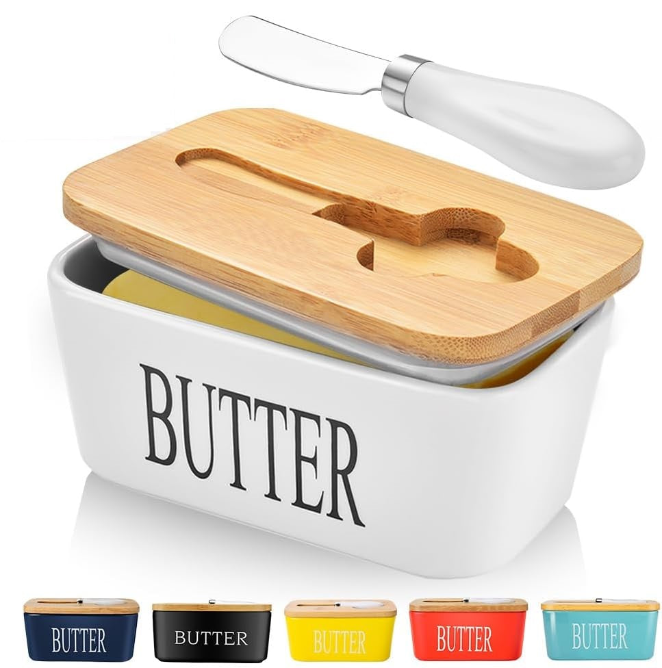 Porcelain Butter Dish with Knife, Large Ceramic Butter Container with Wooden Lid