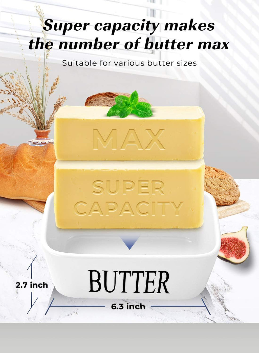 Porcelain Butter Dish with Knife, Large Ceramic Butter Container with Wooden Lid