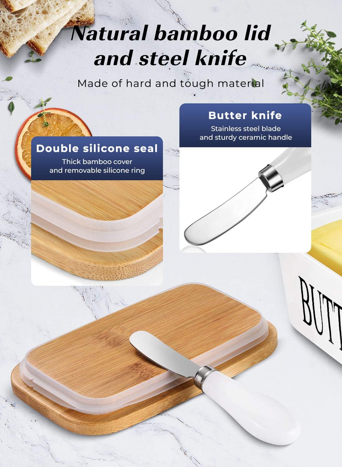 Porcelain Butter Dish with Knife, Large Ceramic Butter Container with Wooden Lid