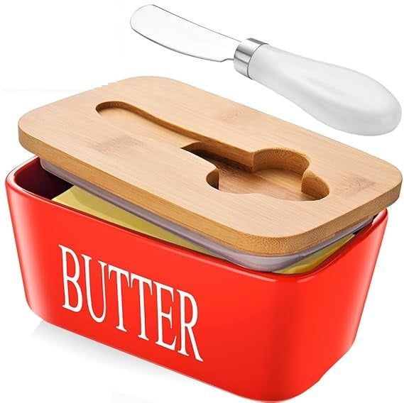 Porcelain Butter Dish with Knife, Large Ceramic Butter Container with Wooden Lid